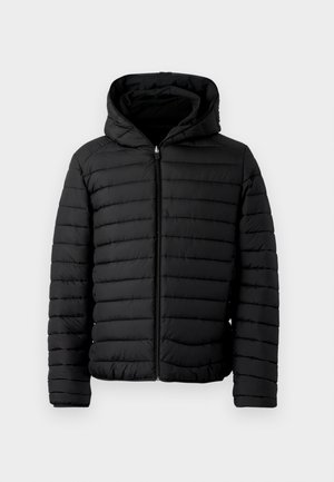 Giubbotto piumino nero con cappuccio, dotato di design trapuntato, leggero, con chiusura lampo completa e polsini elastici per calore e comfort.