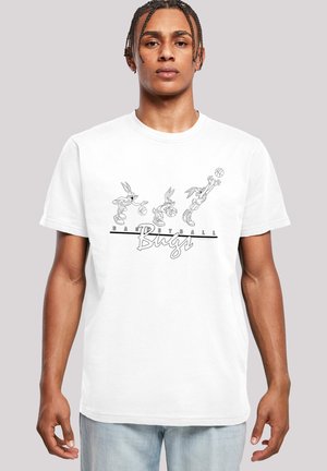 White cotton t-shirt featuring black illustrations of Bugs Bunny in various basketball poses, with "BASKETBALL Bugs" text beneath.