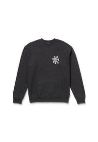 Sudadera negra de algodón, con cuello redondo y puños de canalé. Pequeño logo gráfico blanco en la parte izquierda del pecho.