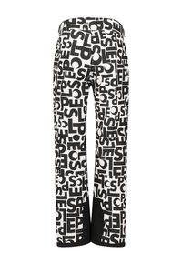 Zwart-wit gestreepte broek met grote typografie. Gemaakt van een soepele stof met een rechte pijpuitvoering en contrasterende zwarte boorden.