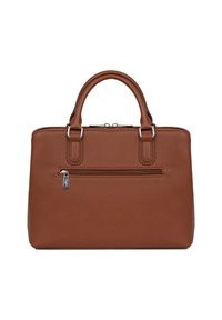 Borsa a mano in pelle marrone con manici superiori doppi, superficie texturizzata, tasca frontale con zip e dettagli in metallo argentato. Forma rettangolare.