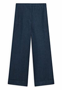 Ciemnoniebieskie spodnie szerokie z teksturowanej tkaniny. Posiadają płaski pas i złożone mankiety u dołu.