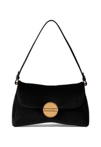 Borsa a spalla in suede nero con una chiusura arrotondata in metallo dorato. Texture morbida, design pieghevole e una sola tracolla in pelle.