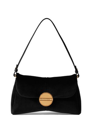 Borsa a spalla in suede nero con una chiusura arrotondata in metallo dorato. Texture morbida, design pieghevole e una sola tracolla in pelle.