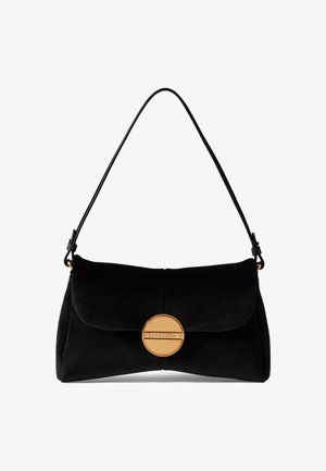 Black suede shoulder bag with a rounded gold hardware closure. Soft texture, fold-over design, and a single leather strap.