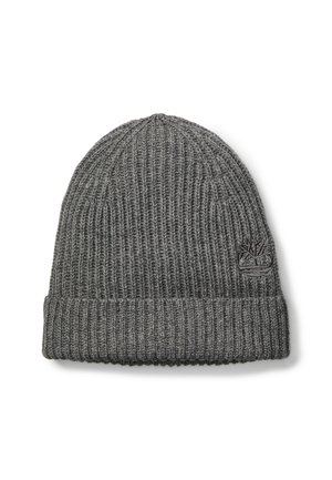 Gray knitted beanie hat with a ribbed texture, featuring a folded cuff and a small embroidered logo on the side.