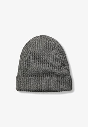 Bonnet en maille grise avec une texture côtelée, doté un revers et d'un petit logo brodé sur le côté.