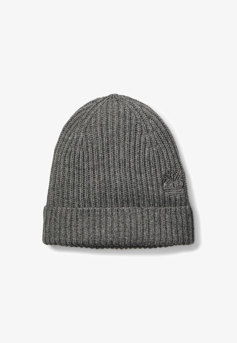 Szara dziana czapka beanie o prążkowanej fakturze, z podwiniętym brzegiem i małym haftowanym logo z boku.