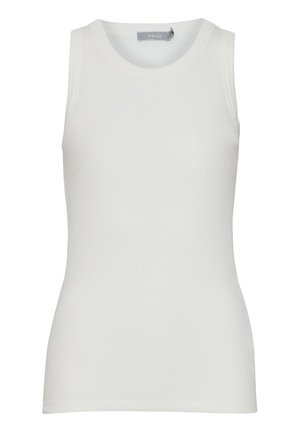 Jednoduché biele bezrukávové rebrované tielko s okrúhlym výstrihom, zobrazené narovno bez viditeľných záhybov alebo vzorov.