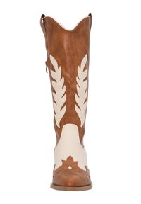 Bota de cowboy de imitación cuero marrón con aplicaciones de hoja de cuero blanco, punta afilada, detalle recortado y cremallera lateral.