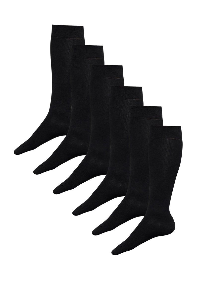 Sei paia di calzini neri al ginocchio realizzati in materiale liscio; design semplice con risvolto a coste e punta senza cuciture.