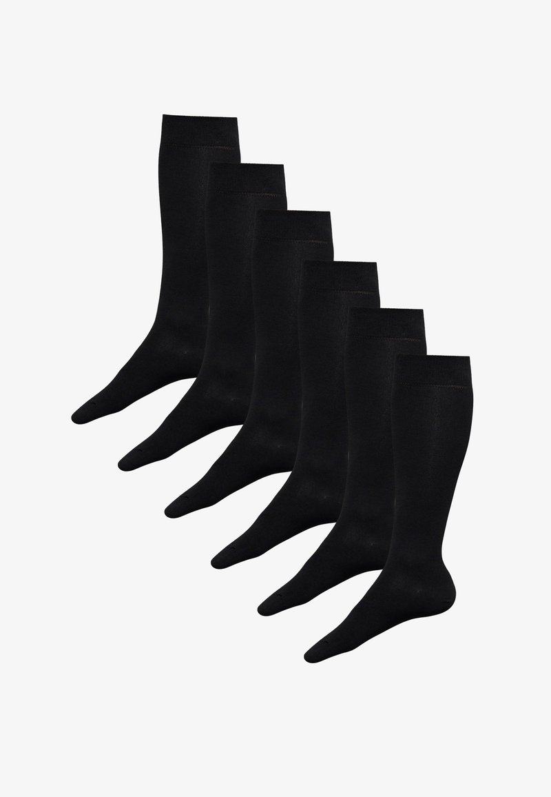Sei paia di calzini neri al ginocchio realizzati in materiale liscio; design semplice con risvolto a coste e punta senza cuciture.