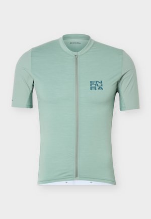 Lys grønn sykkeltrøye med korte ermer, frontglidelås og "ENDURA"-logo trykket i blått på venstre bryst.