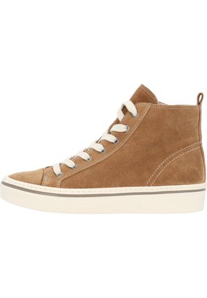 Braune Wildleder-Hochtop-Sneaker mit weißen Schnürsenkeln, runder Zehenpartie, kontrastierenden Nähten und einer strukturierten Gummisohle.