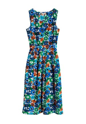 Vestido sin mangas con un patrón floral en azul, verde, naranja y blanco. Confeccionado en tela ligera, con un lazo en la cintura y falda plisada.