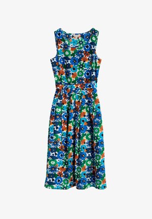 Vestido sin mangas con un patrón floral en azul, verde, naranja y blanco. Confeccionado en tela ligera, con un lazo en la cintura y falda plisada.