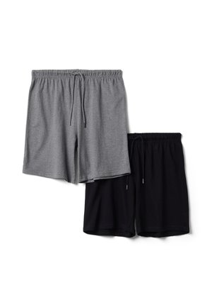 Zwei Paare legere Shorts, eines grau und eines schwarz, beide mit elastischem Bund und Kordelzug, flach auf einem weißen Hintergrund ausgelegt.