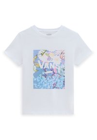 White cotton t-shirt featuring a square graphic with multicolored floral design and "VANS" logo in the center. Short sleeves, crew neck.