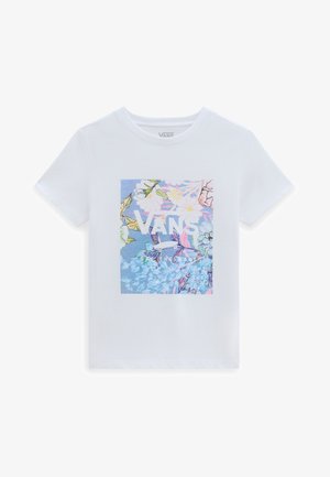 Camiseta de algodón blanca con un gráfico cuadrado que presenta un diseño floral multicolor y el logo "VANS" en el centro. Manga corta, cuello redondo.