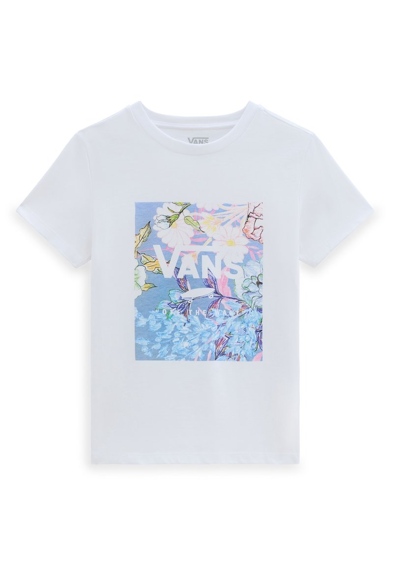 White cotton t-shirt featuring a square graphic with multicolored floral design and "VANS" logo in the center. Short sleeves, crew neck.
