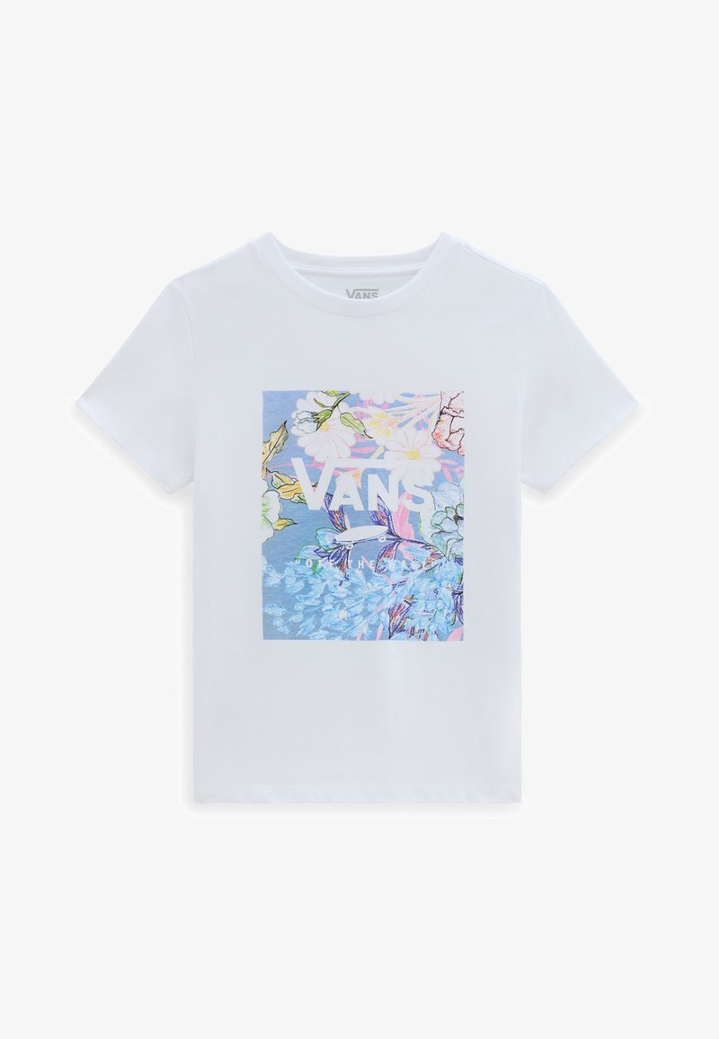 White cotton t-shirt featuring a square graphic with multicolored floral design and "VANS" logo in the center. Short sleeves, crew neck.