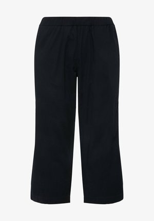 Černé zkrácené kalhoty vyrobené z lehké tkaniny s elastickým pasem, s rovnou nohavicí a bez kapes.