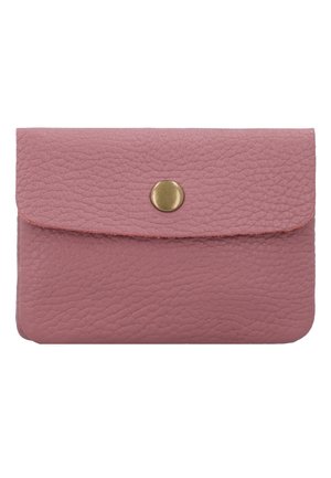 Pink textured leather wallet with a brass snap button closure on front flap, rectangular shape with slightly rounded corners.