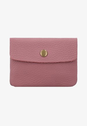 Pink strukturiertes Lederportemonnaie mit Messing-Druckknopfverschluss an der Vorderklappe, rechteckige Form mit leicht abgerundeten Ecken.