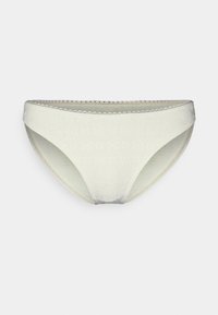 Parte de baixo de biquíni branca com design texturizado em flores, bordas em formato ondulado e acabamento em tecido suave. Apresenta um corte de altura média e cobertura mínima.