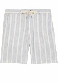 Pantaloni corta a righe azzurro chiaro e bianchi realizzati in lino, con vita regolabile tramite cordoncino e tasche laterali. Design semplice con una finitura texture.