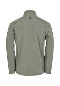 Olive green long-sleeve jacket with a high collar, textured fabric, and contrasting seams. Logo printed on the back near the neck.