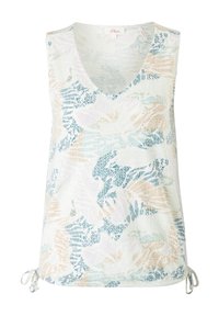 Haut sans manches léger avec un col en V, présentant un motif floral en bleu, pêche et lavande sur un fond blanc. Liens ajustables à l'ourlet.