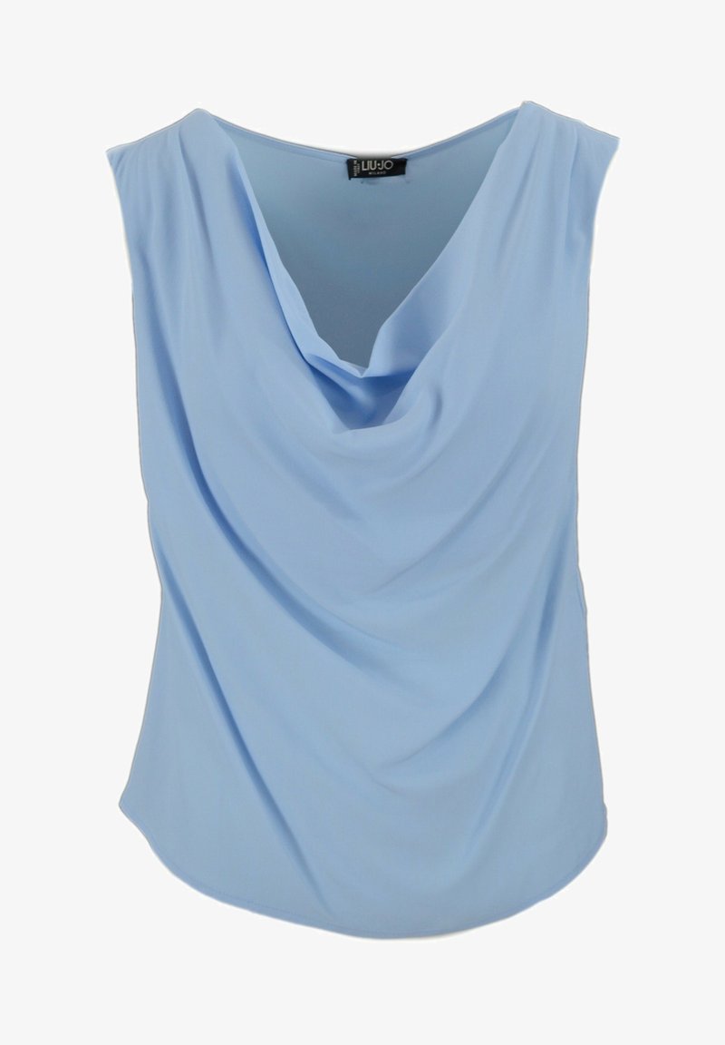 Lichtblauw mouwloos topje met gedrapeerde col en gladde stof, met label Liu Jo Milan.
