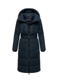 Marine pufferjas met een capuchon, ceintuur in de taille, ritssluiting en doorgestikte textuur. Bevat zijzakken en geribbelde manchetten.