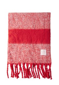 Coperta a righe rossa e rosa con una striscia rossa uniforme e bordi sfilacciati. Presenta un'etichetta di cura su un angolo, realizzata in materiale morbido.