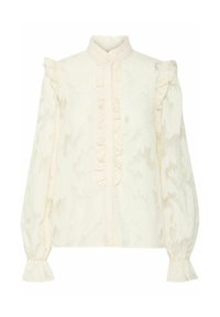 Blusa crema con un alto colletto arricciato e un'arricciatura decorativa lungo la parte anteriore. Maniche lunghe a sbuffo con polsini svasati. Tessuto con un motivo testurizzato.