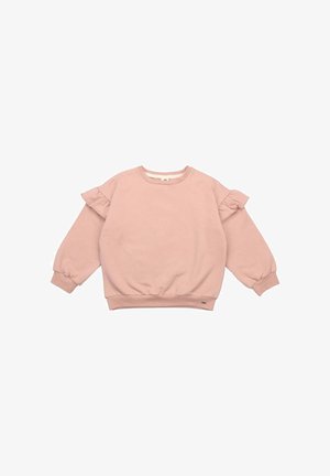 Pink crewneck sweatshirt made of soft fabric, featuring ruffled accents on sleeves, ribbed cuffs and hem, and a relaxed fit.