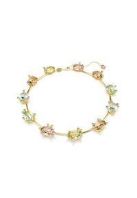 Złocony naszyjnik z wieloma owalnymi kamieniami w pastelowych odcieniach różu, zieleni i żółci, ozdobiony małymi kolorowymi klejnotami.