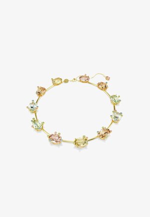 Χρυσή αλυσίδα με πολλαπλές οβάλ πέτρες σε παστέλ αποχρώσεις ροζ, πράσινου και κίτρινου, διακοσμημένη με μικρούς πολύχρωμους πολύτιμους λίθους.