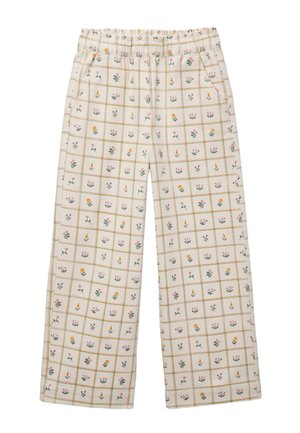Pantalon blanc à jambes larges avec une taille élastique, présentant un motif à carreaux rempli de petites impressions florales roses, jaunes et vertes.
