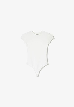 White short-sleeve bodysuit made of soft, stretch fabric, featuring a fitted design, round neckline, and a thong-style bottom.