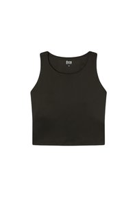 Czarny bezrękawnik crop top wykonany z gładkiego materiału, z okrągłym dekoltem i czystymi szwami. Wewnątrz znajduje się metka z nazwą marki "trn".