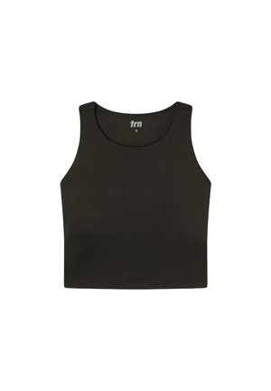 Top corto nero senza maniche realizzato in tessuto morbido, con scollatura rotonda e cuciture pulite. Presenta un'etichetta con il nome del marchio "trn" all'interno.