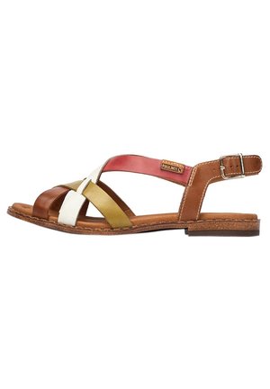 Brown, white, and olive green leather sandals with crisscross straps, adjustable ankle buckle, and a textured cork sole.