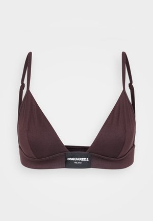 Burgundy triangle bralette with adjustable straps and a black band featuring the DSQUARED2 logo. Made of smooth, stretch fabric.