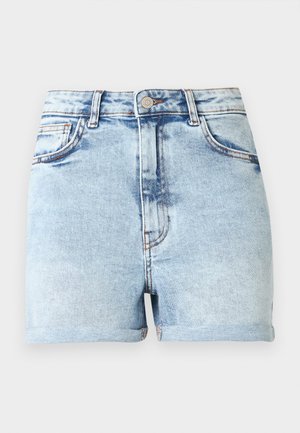 Gaiši zili džinsa šorti ar augstu jostasvietu, pieciem kabatām un uzlocītiem galiem. Ir viegla izbalēšana un vara krāsas aparatūra.