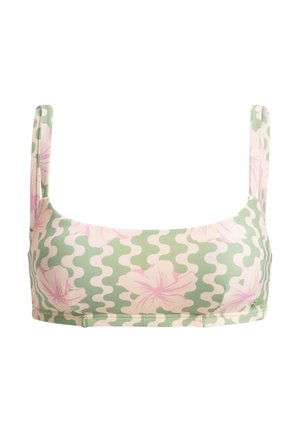 Gemusterter Bikini-Oberteil in Grün und Hellrosa mit einem wellenförmigen Design, floralen Akzenten und breiten Schulterträgern. Glatte Stoffstruktur.