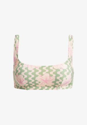 Mönstrad bikiniöverdel i grön och blek rosa, med en vågig design, blommönster och tjocka axelremmar. Slät tygtextur.