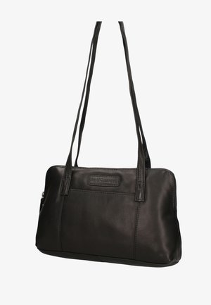 Borsa a spalla in pelle nera con doppi manici e chiusura con zip, forma rettangolare, texture liscia e piccola targhetta del marchio sul davanti.