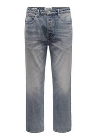 Jeans de mezclilla azul claro con un diseño de pierna recta, que presentan un estilo clásico de cinco bolsillos y un acabado de lavado claro.